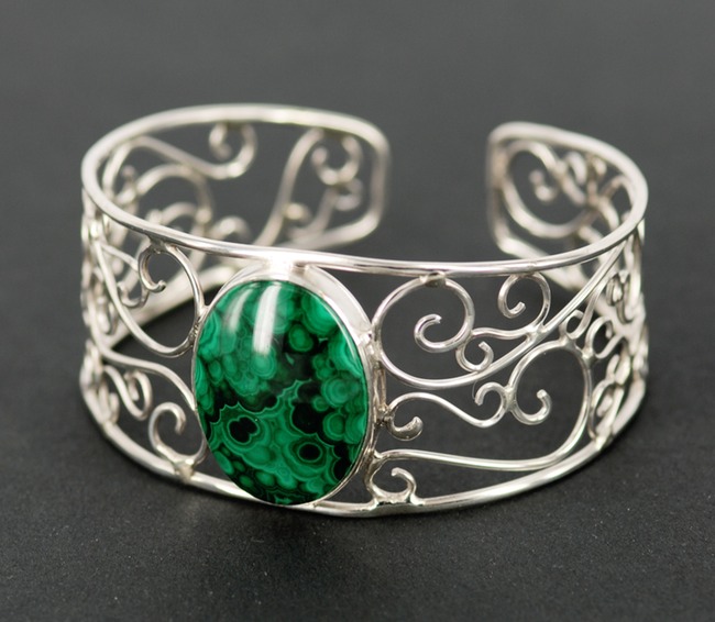 filigree sterling silver cuff with malachite 