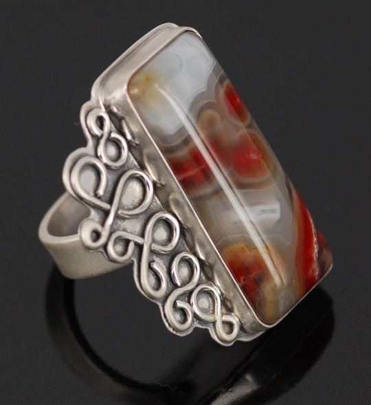 sterling silver crazy lace agate medusa ring
