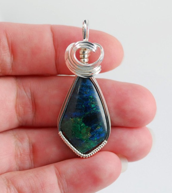 chrysocolla malachite wire wrapped sculpted sterling silver cab cabochon pendant jewelry