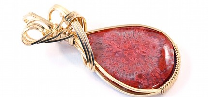 red horn coral 14k gold filled wire wrapped pendant