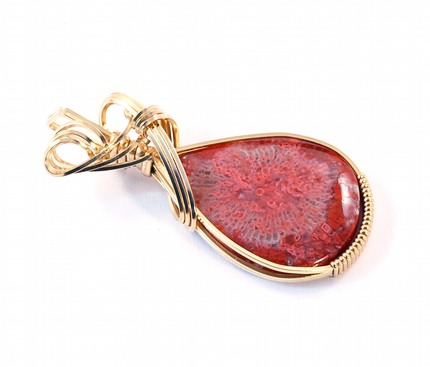 red horn coral wire wrapped sculpted 14k gold filled cab cabochon pendant jewelry
