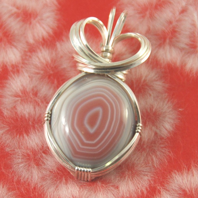 Pink queensland agate wire wrapped sculpted sterling silver cab cabochon pendant jewelry