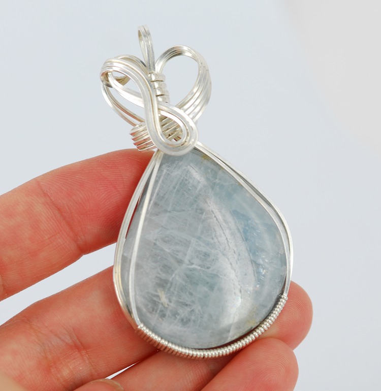 angellite cabochon sterling silver wire sculpted wrapped pendant