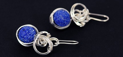 azurite blueberry sterling silver wire wrapped sculpted earrings