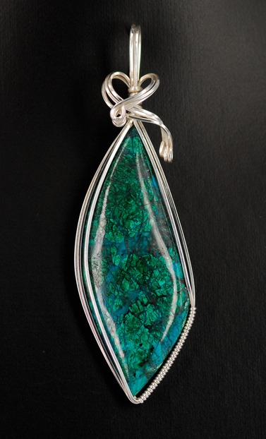 malachite chrysocolla wire wrapped sculpted sterling silver cab cabochon pendant jewelry