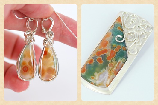 ocean jasper wire wrapped earrings and silversmithed pendant