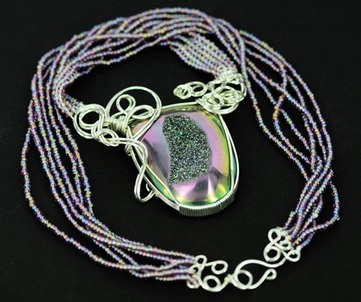Sterling silver Wire wrapped Titanium Druzy with Glass Seed Bead Necklace