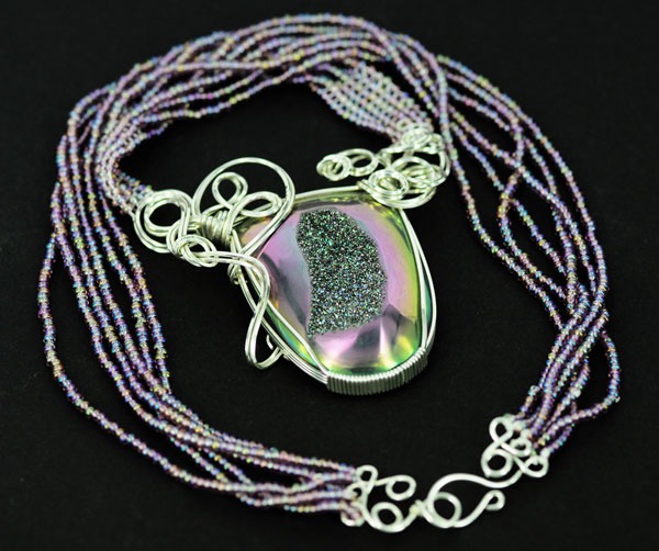titanium druzy glass seed bead necklace wire wrapped sculpted sterling silver cab cabochon pendant jewelry